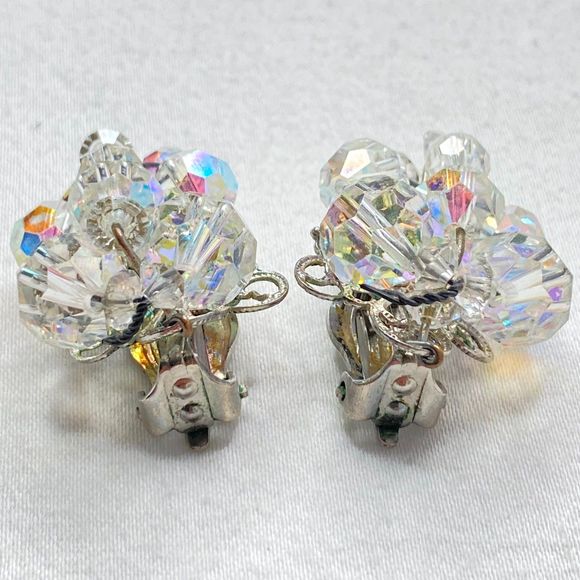 Clip On Stud Earrings Clear AB Faceted Ball Beads In Wired Clusters - Picture 2 of 10